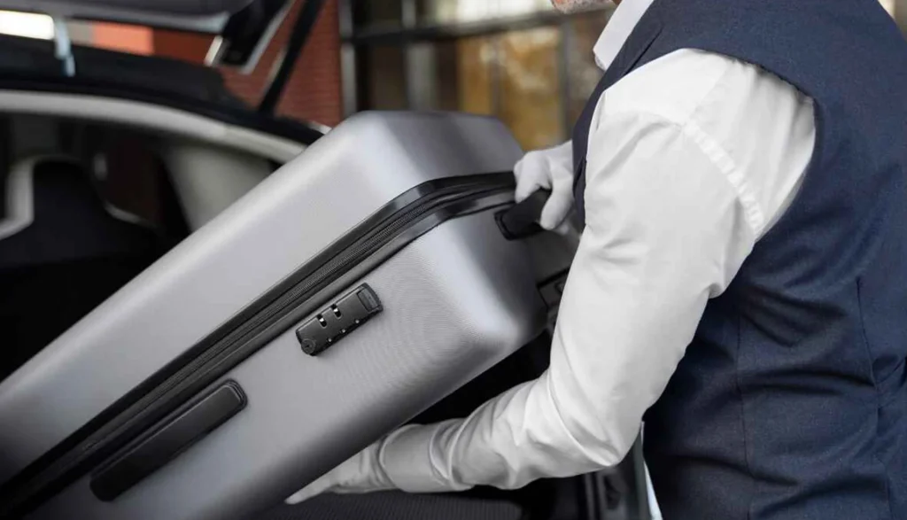NYC Limo Articles 3 Chauffeur placing luggage in the trunk of a limousine, highlighting ZechionRide’s professional airport transfer and luxury transportation services in NYC.