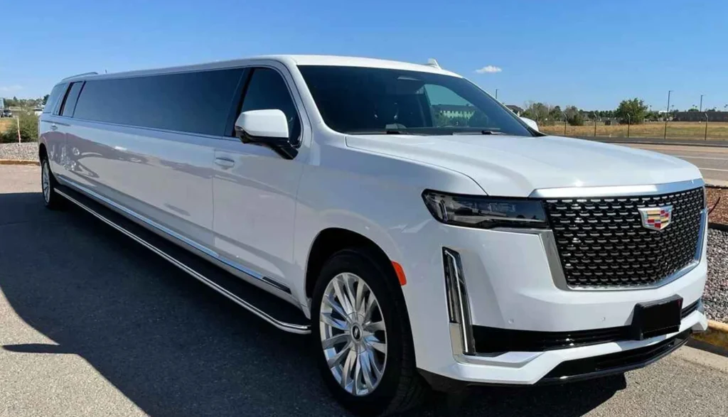 Articles 51 White stretch SUV limousine, showcasing ZechionRide’s luxury SUV and limousine fleets in NYC for airport transfers, corporate travel, and special events.