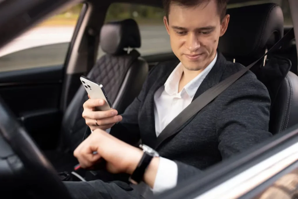 Chauffeur checking his watch while seated in a luxury vehicle, representing hourly tours with professional service.