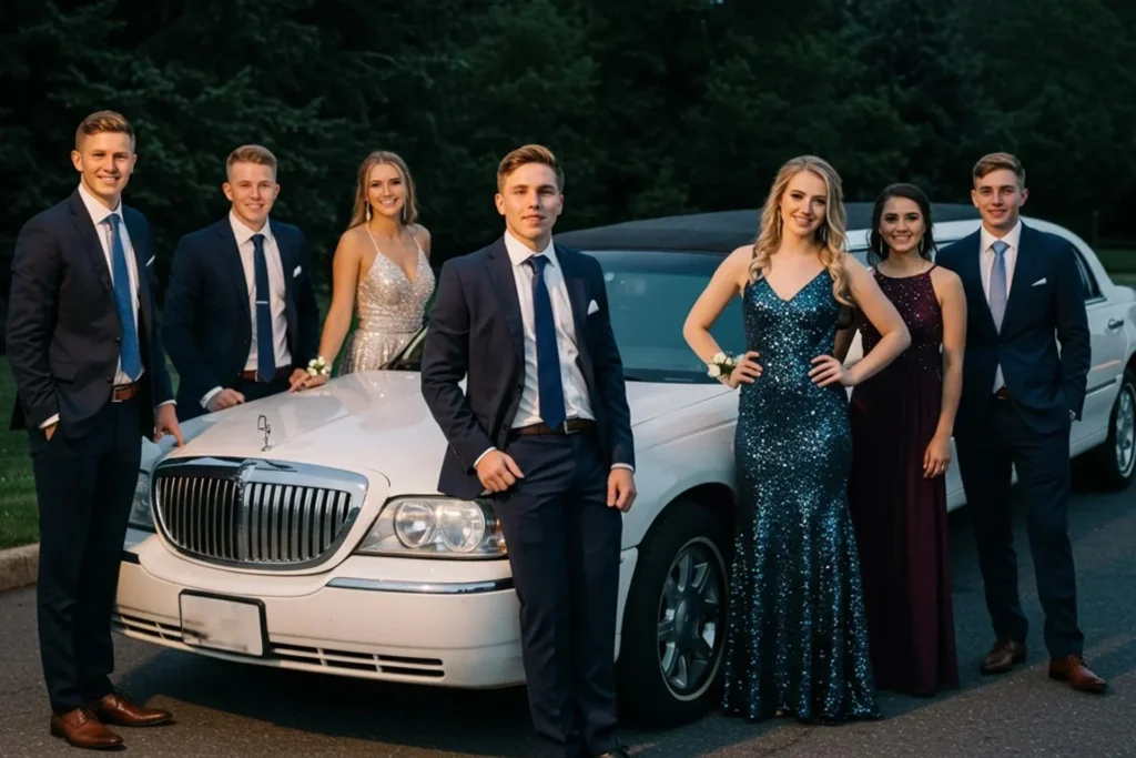Prom Chauffeurs 11 Group of people poses in front of a limousine, ready for prom event