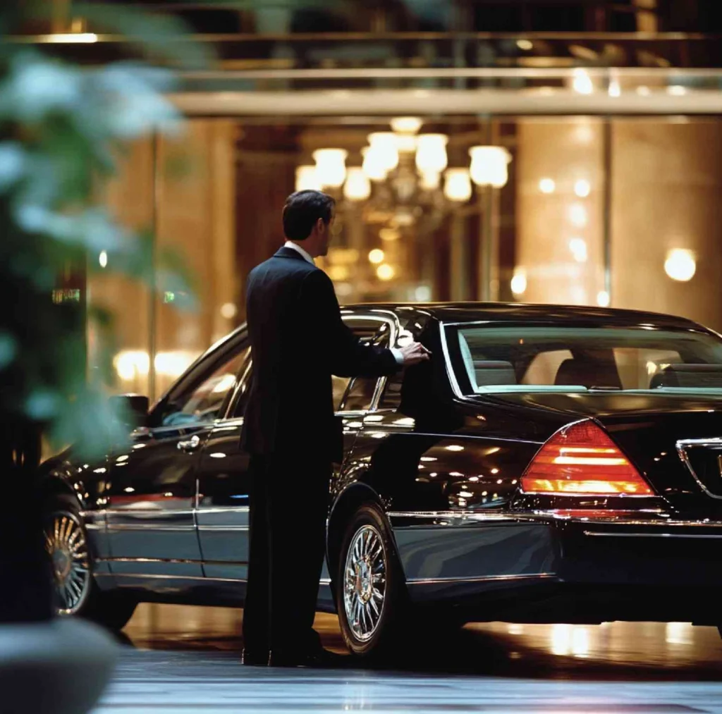 Hotel Transportation 10 Man in formal attire stands by a black car highlighting limo options for NYC hotel travel
