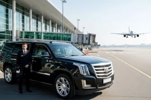 Man stands beside a black Cadillac SUV, ready for NYC airport transfer service at the airport