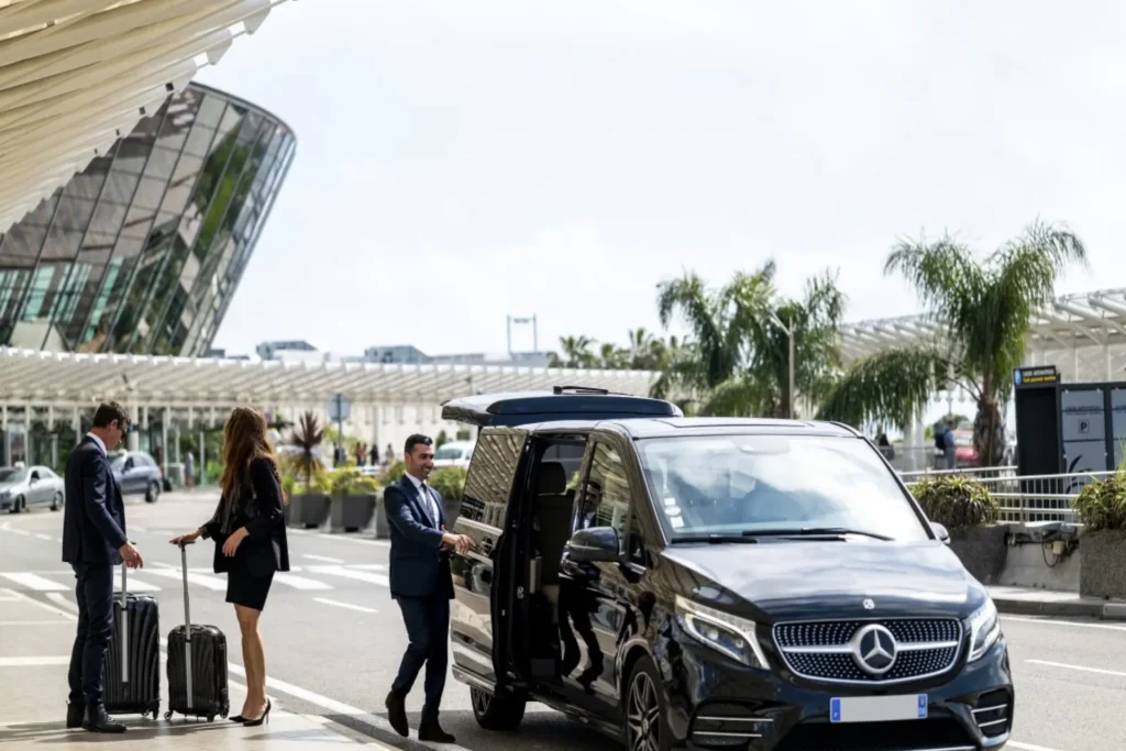 Articles 49 Mercedes-Benz V-Class limousine parked at the airport, ready for luxury transportation services