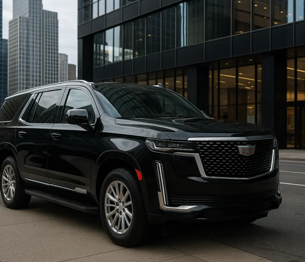 2020 Cadillac Escalade parked in front of a tall building, showcasing elegance and sophistication for any event