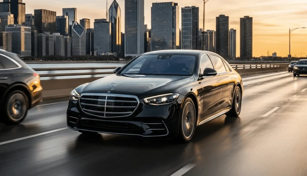 Mercedes S-Class cruising on a highway, with Chicago's skyline and buildings in the background, highlighting local knowledge