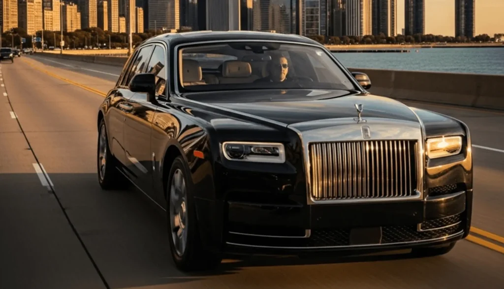Sleek Rolls Royce cruising on a highway, with the city of Chicago's skyline in the background, epitomizing luxury travel