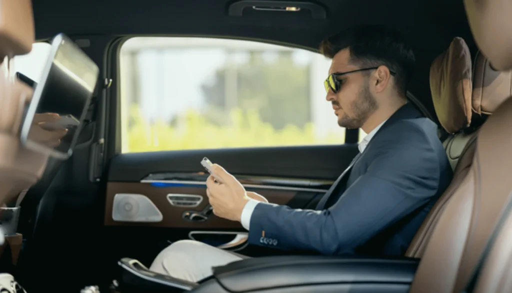 The Benefits of Using a Luxury Limousine for Airport Chauffeur Service When Traveling to LA 4 Man in a suit relaxes in the back seat of a luxury limo, showcasing bespoke comfort in Los Angeles