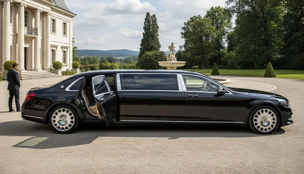 Articles 46 Maybach limousine parked elegantly in front of a luxurious mansion, showcasing opulence and style