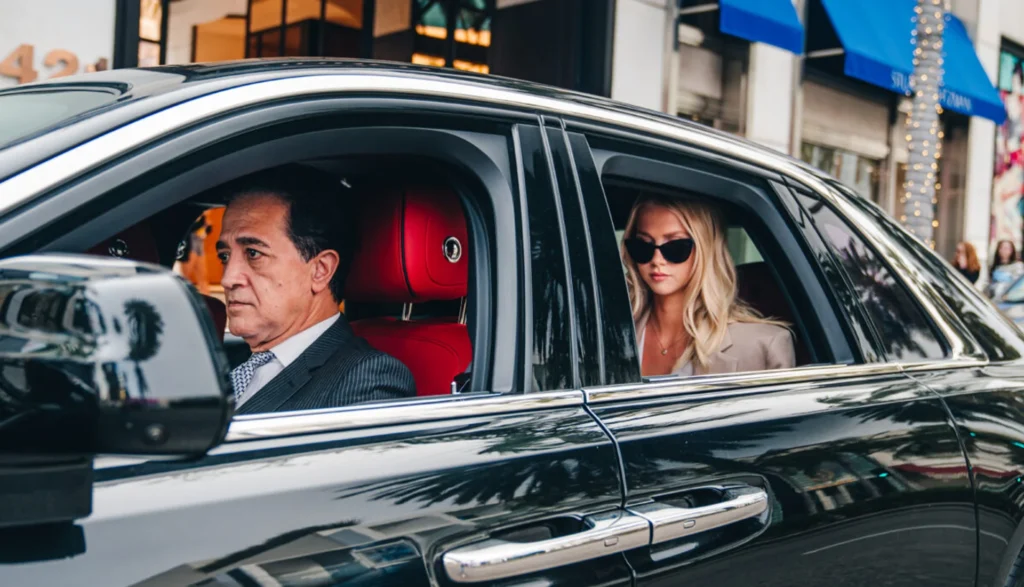 Articles 45 Woman relax in a luxury limousine, highlighting comfort and elegance for holiday travel in Los Angeles