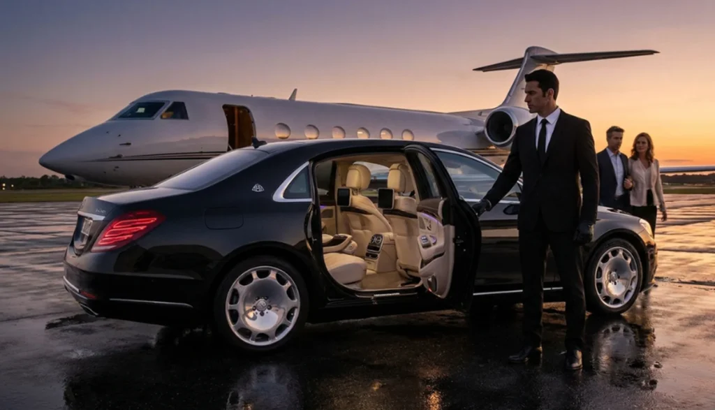 Articles 34 A man in a suit stands beside a luxury car and private jet, showcasing an elite travel experience