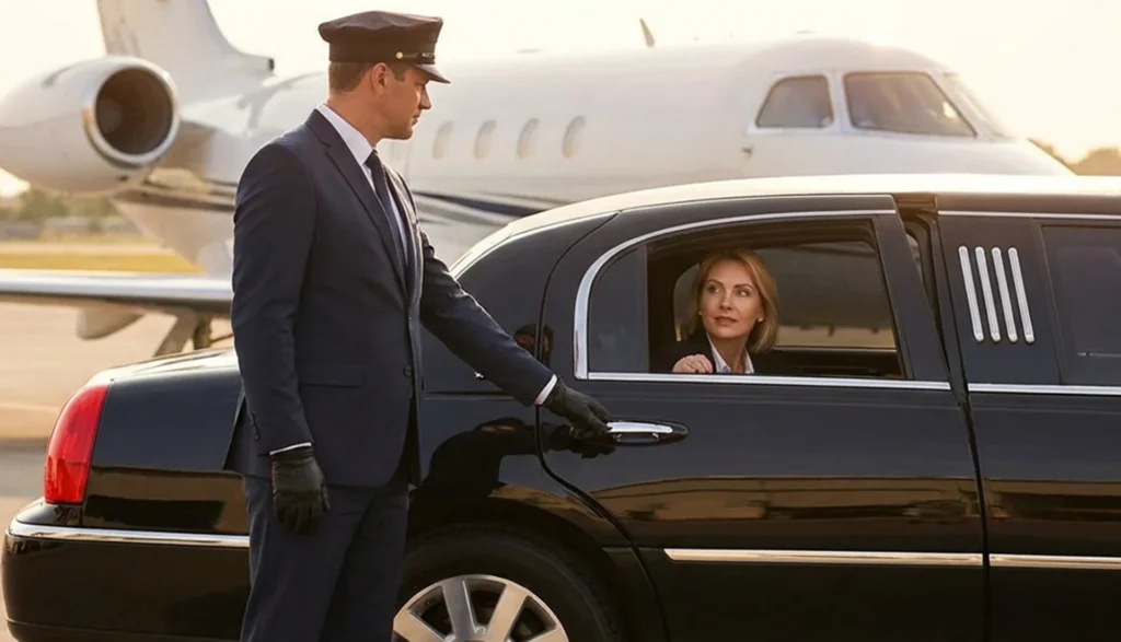 Elite Travel Experience: Luxury Chauffeur Service & Premium Limo Rides 2 A man in a suit stands beside a luxury limo, promoting chauffeur services for various occasions