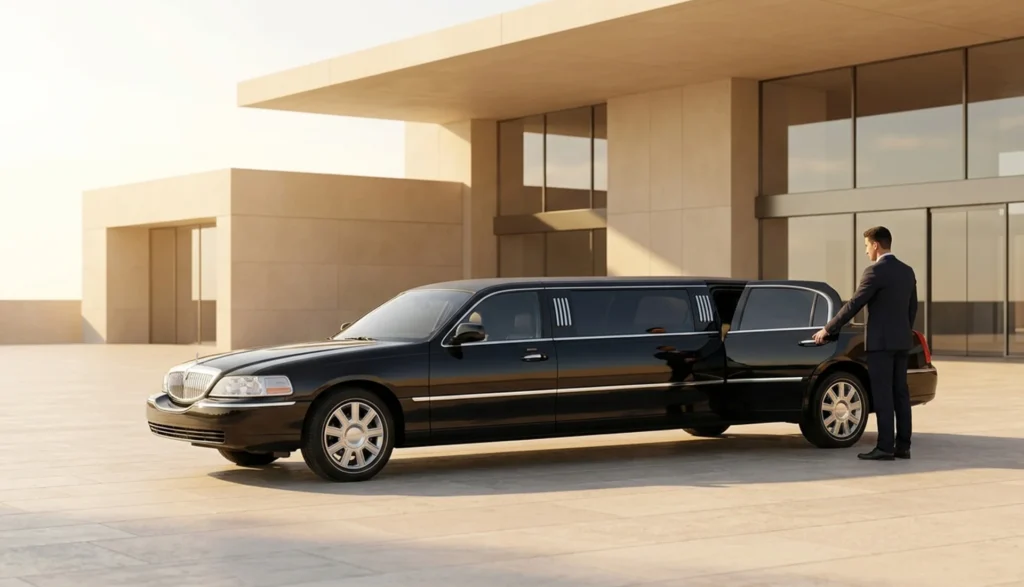 Articles 33 A suited man stands next to a limousine, representing an airport limousine service for stylish and comfortable travel