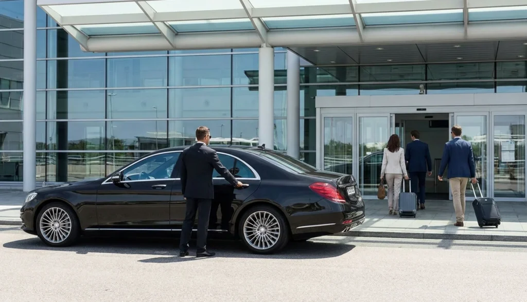 Articles 31 Group of business professionals in front of a limousine at the airport, ready for departure
