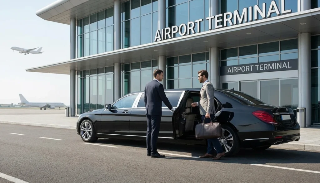 Articles 30 Luxury Limousine Service at airport terminal with chauffeur assisting businessman beside a black executive limo for VIP airport transfer