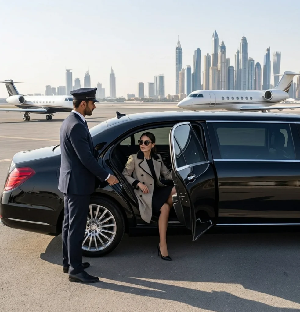 Airport Chauffeur Service: Executive Limo & Luxury Airport Travel 2 Man and woman entering a black limousine, ready for their ride with an airport chauffeur service