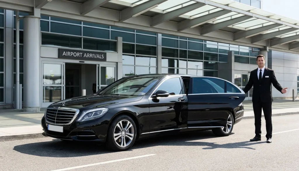 Articles 32 Man in a suit stands beside a black Mercedes, representing an executive airport chauffeur service