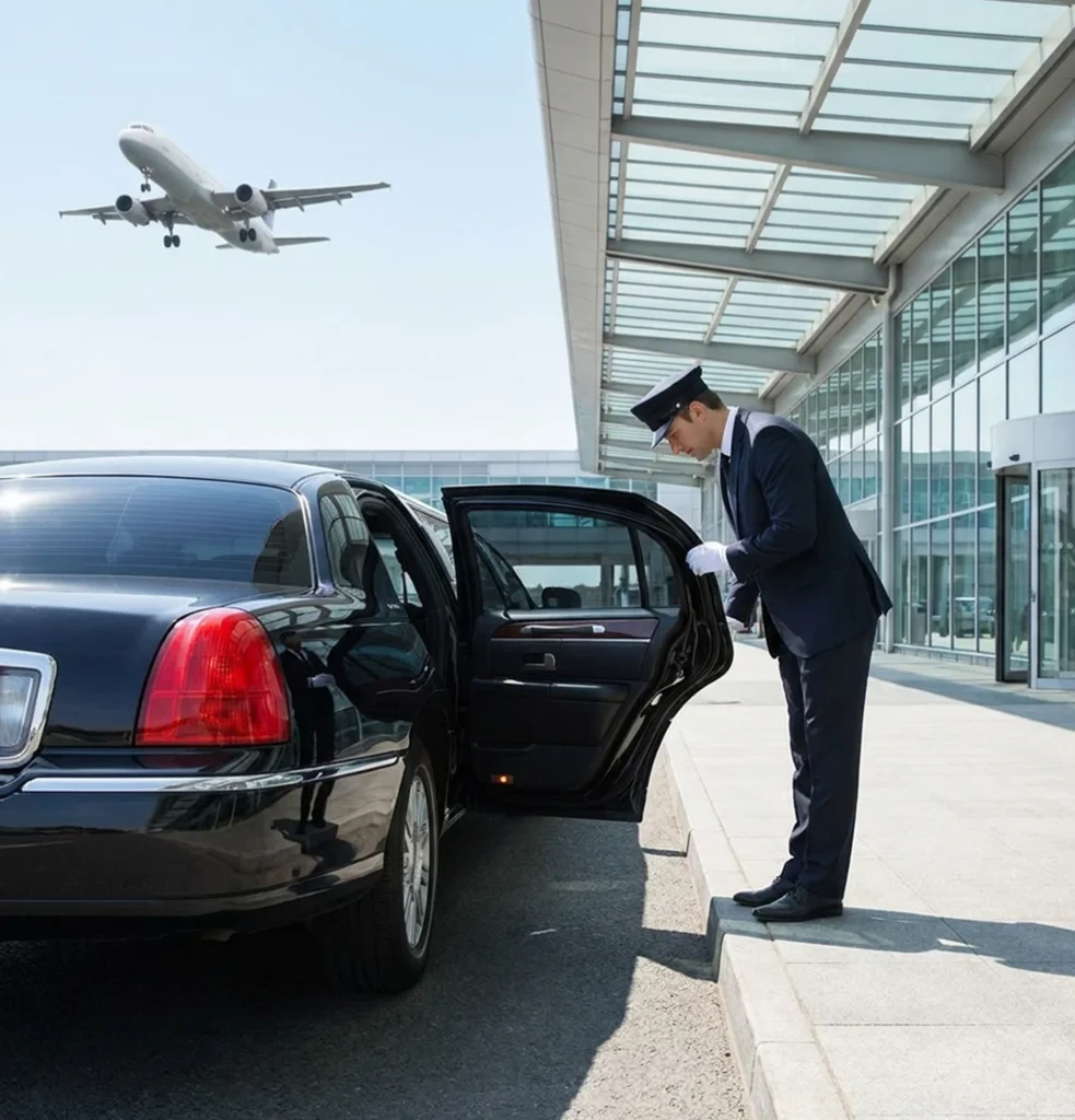 Airport Chauffeur Service: Executive Limo & Luxury Airport Travel 3 Man in a suit stands beside a limousine, representing an airport chauffeur service