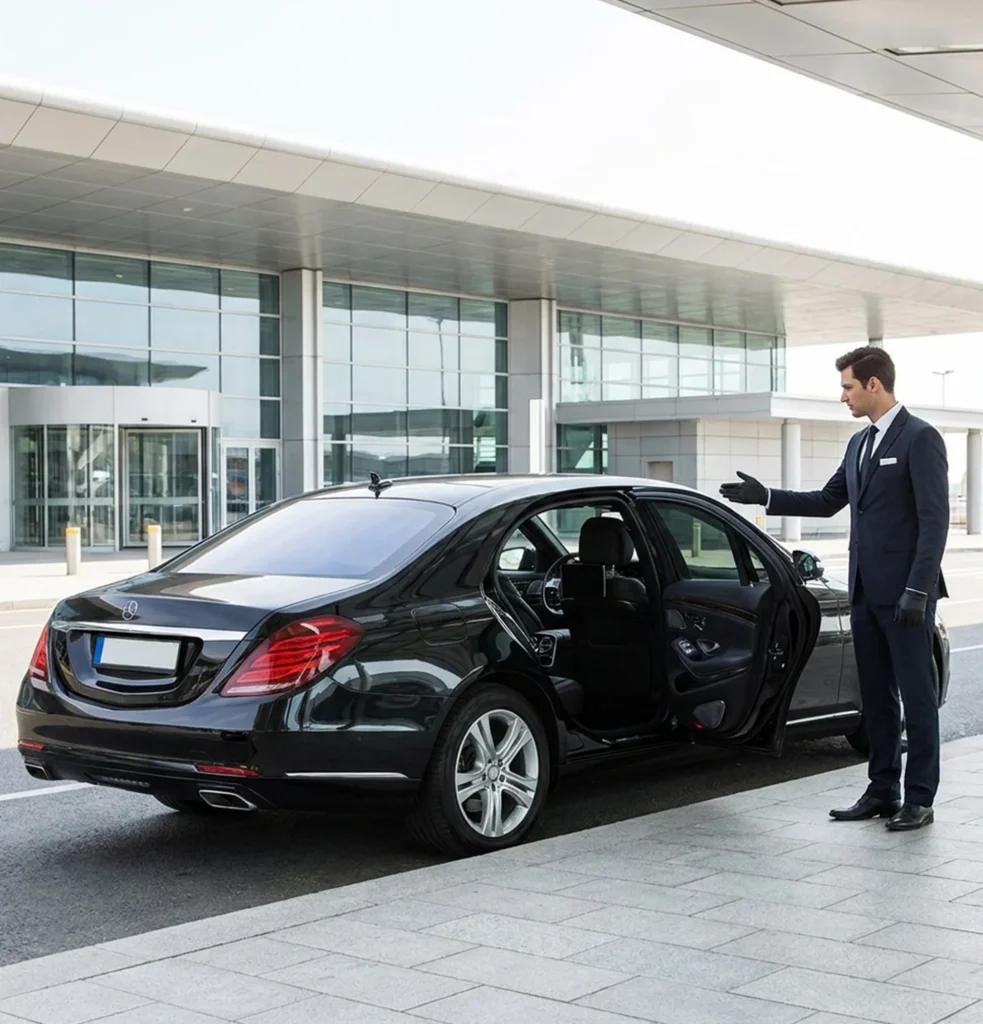 Airport Chauffeur Service: Executive Limo & Luxury Airport Travel 4 Suited man stands next to a limousine, indicating an airport chauffeur service