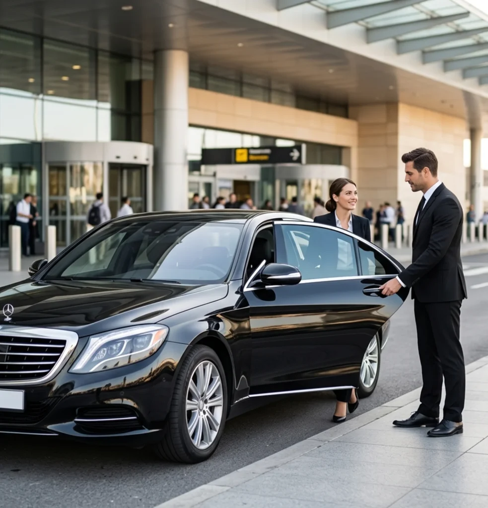 Chauffeur opened a door of sleek black Mercedes limousine, highlighting the elegance of a chauffeur-driven airport service