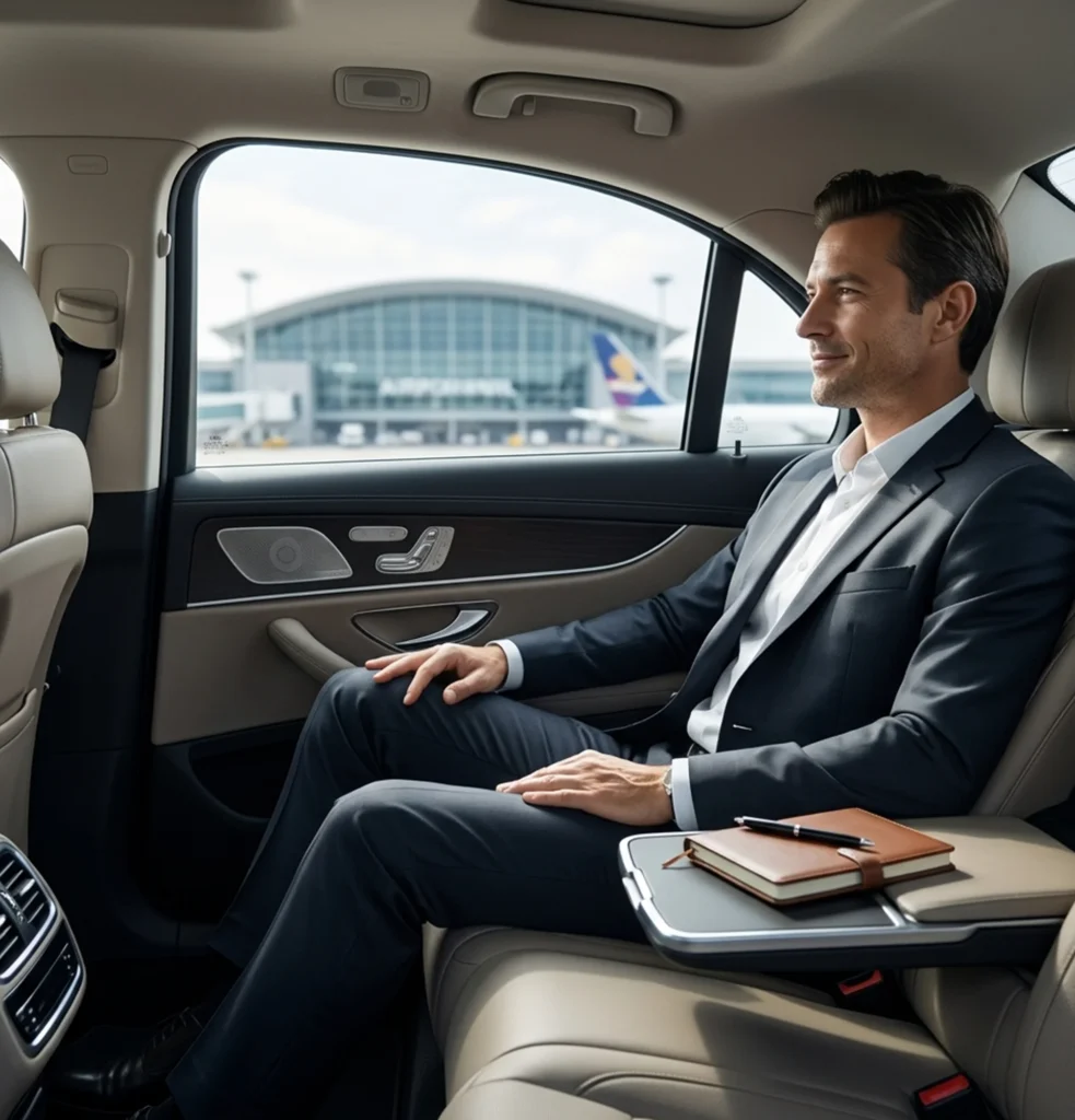 Professional man seated in a limousine with chauffeur showcasing comfort and elegance during business travel