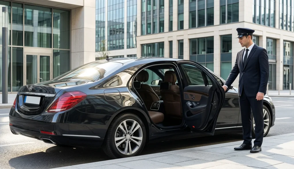 Home 23 Suited man stands beside a black limousine, highlighting the luxury of hiring a chauffeur for business and airport travel